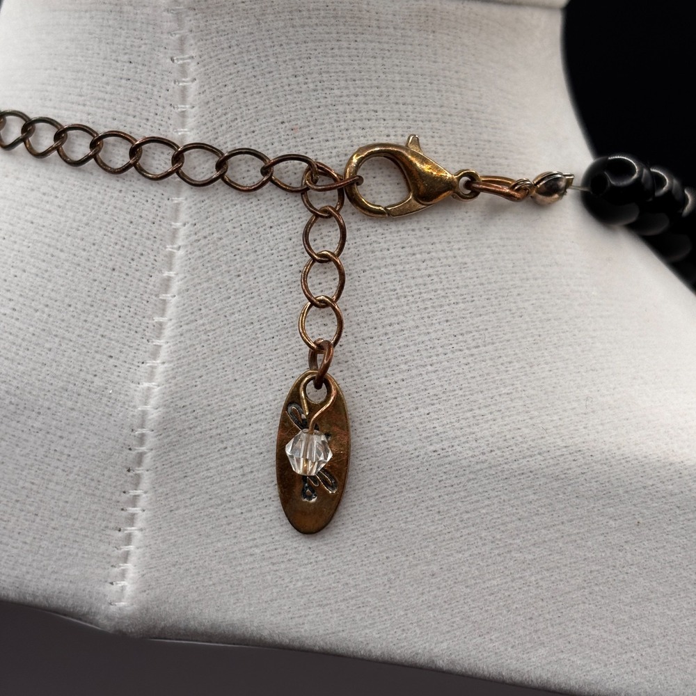 Vintage Gold Black Chunky Necklace Hammered Pendant Resin Crystal Beaded Jules - Picture 10 of 12